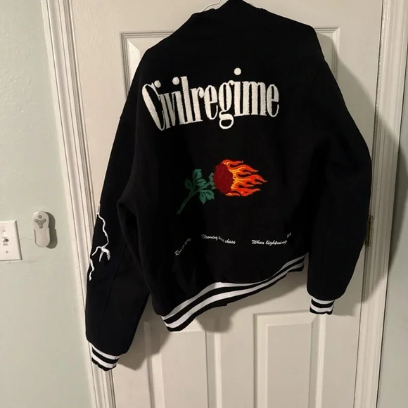 Black Varsity Jacket with White Lightning and Embroidery - Picture 7 of 7